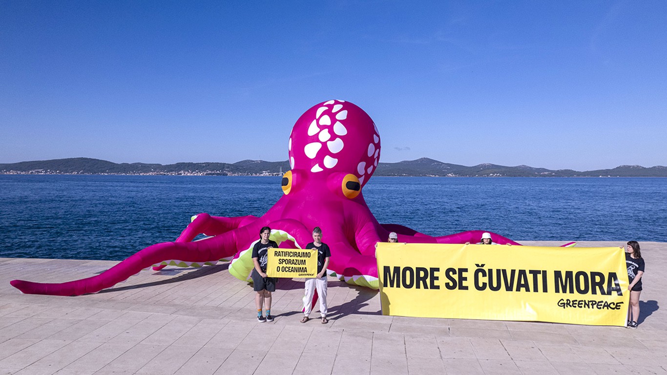 Greenpeace: Divovska hobotnica na zadarskim Morskim orguljama s porukom  “More se čuvati mora!”